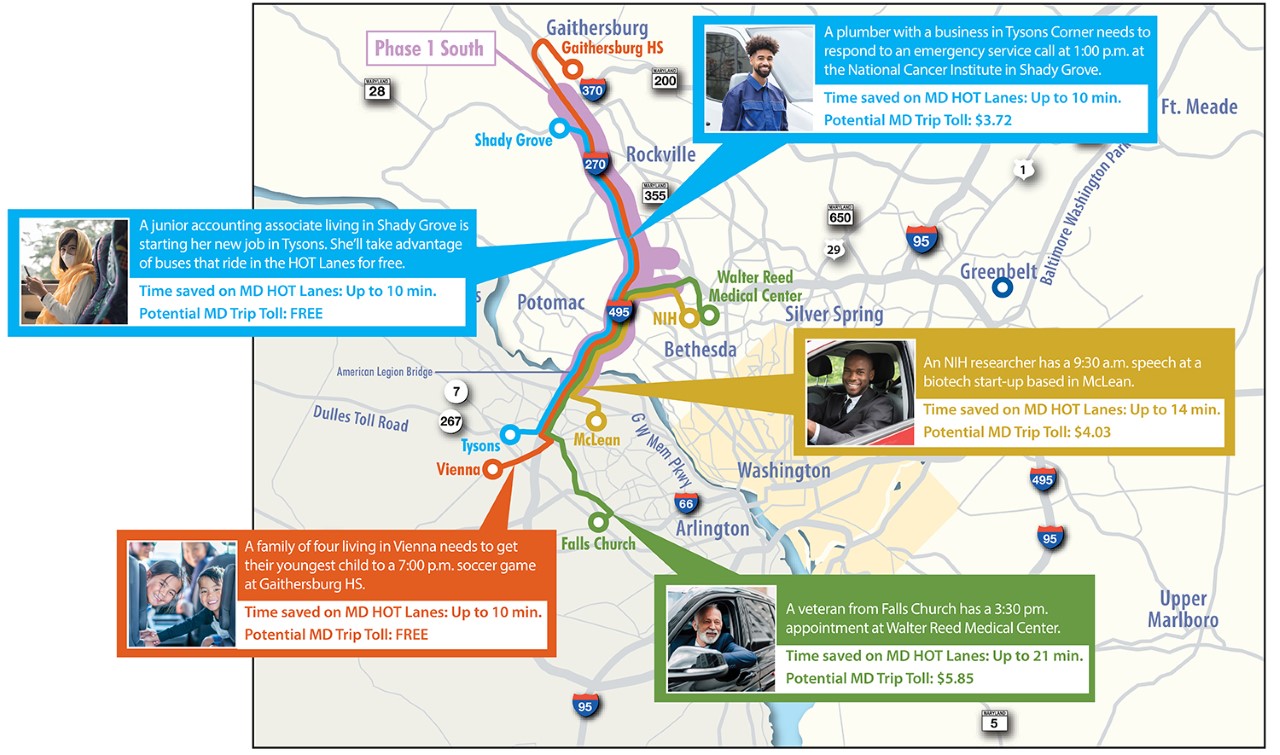 Phase 1 South: American Legion Bridge I-270 to I-370 Project Map.