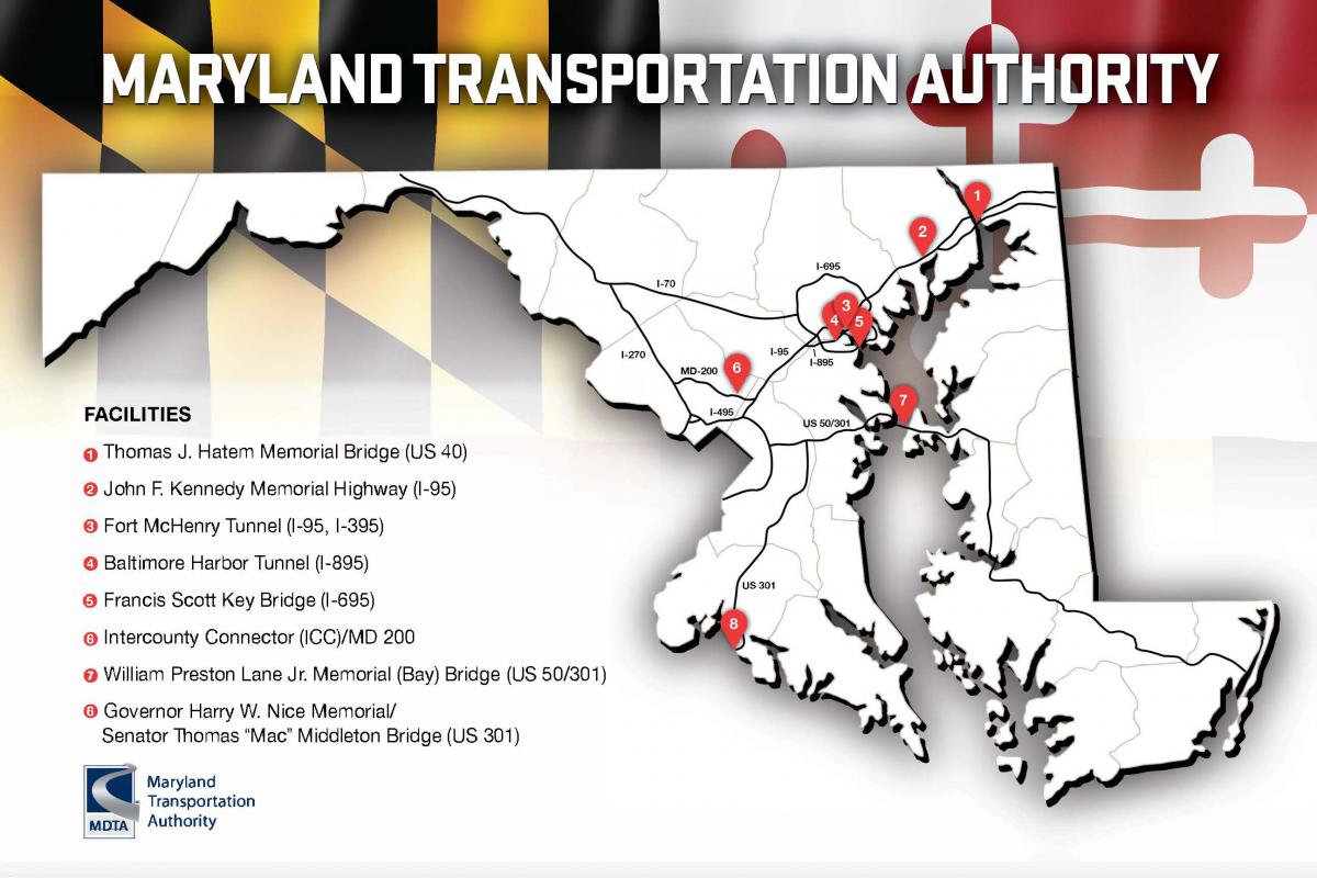 Map of MDTA Toll Facility Locations - Detailed information listed below.