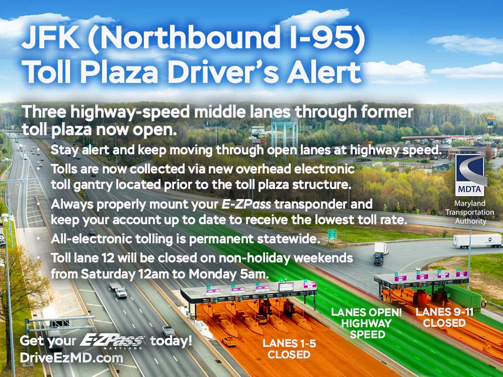 JFK (Northbound I-95) Toll Plaza Driver's Alert.  Image text posted above image.
