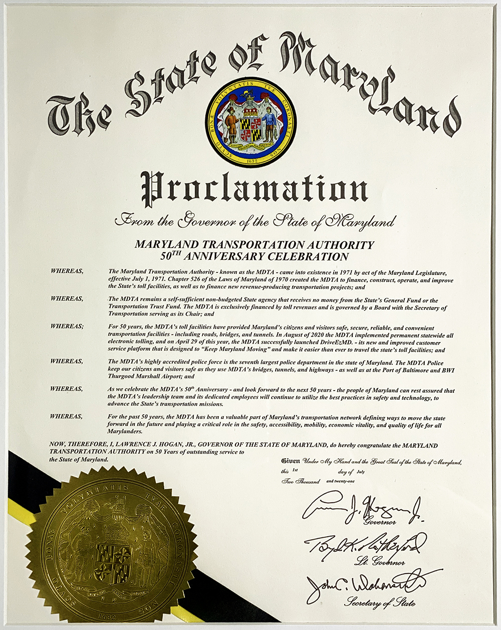 Governors Proclamation - MDTA 50th Anniversary Celebration